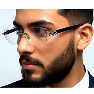 Rhinestone Rimless Round Sunglasses Fashion Clear Lens Glasses Hip Hop 80's 90's